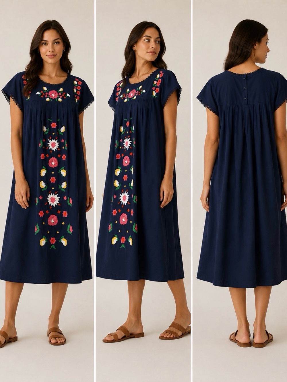 Frances Valentine Embroidered Mexican Folk Art Caftan navy cotton Midi Dress XL